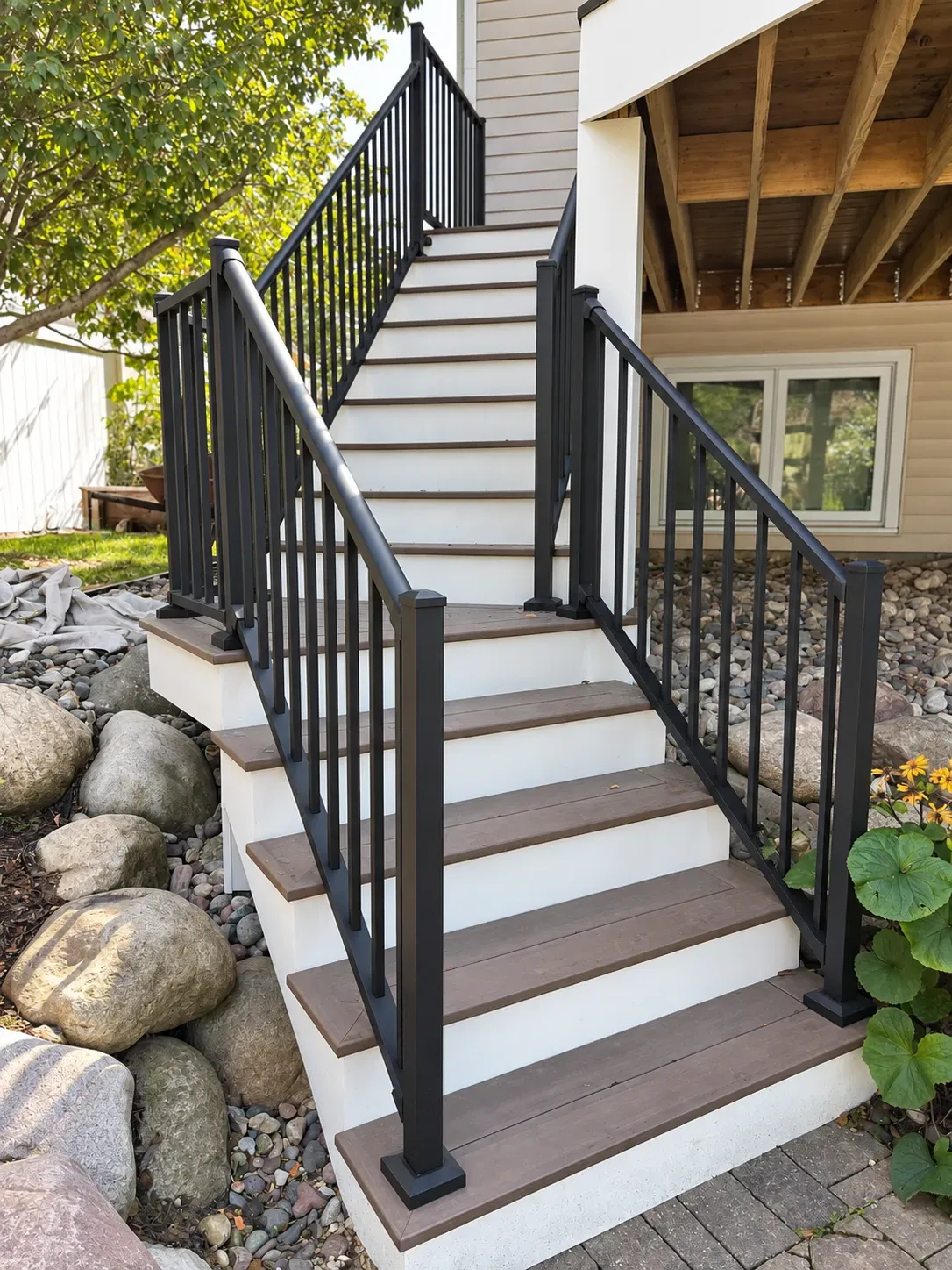Composite deck stairs with white risers and black aluminum railing in Eagan, MN