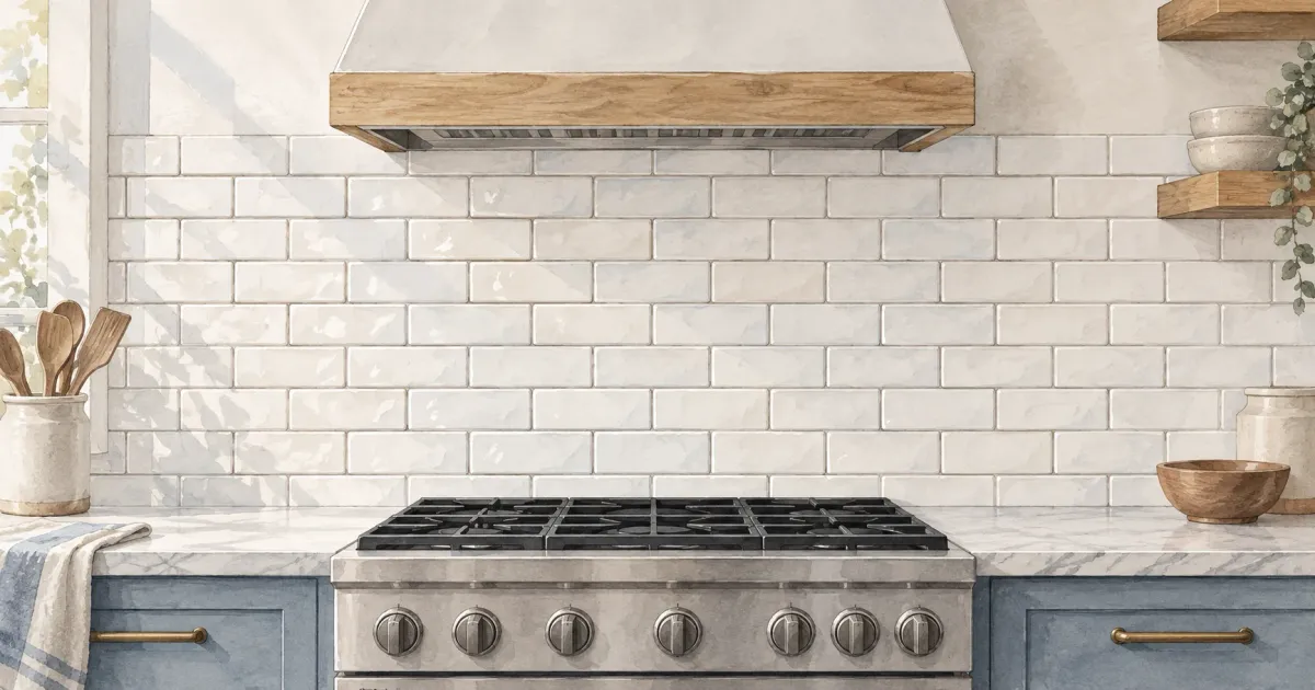 Watercolor illustration of a kitchen backsplash with white subway tile, a wood-trimmed range hood, and blue lower cabinets
