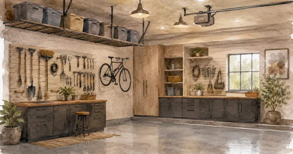 Organized garage with built-in dark cabinets, slatwall tool storage, overhead ceiling racks, and a mounted bicycle in a warm watercolor illustration