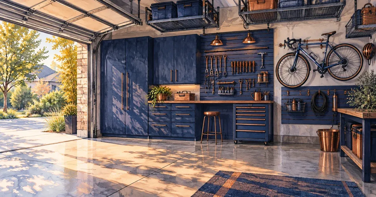 Organized garage with built-in dark cabinets, slatwall tool storage, overhead ceiling racks, and a mounted bicycle in a warm watercolor illustration