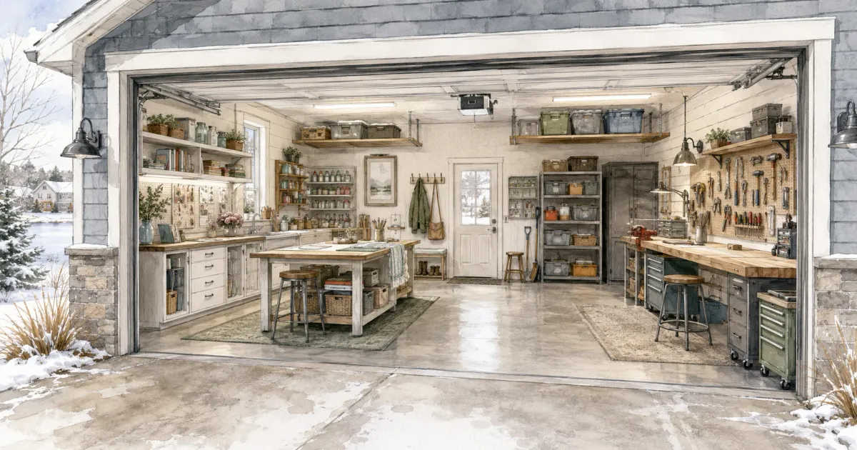Illustrated two-car garage renovated into an organized workshop and craft space with built-in cabinetry, pegboard tool storage, and a workbench