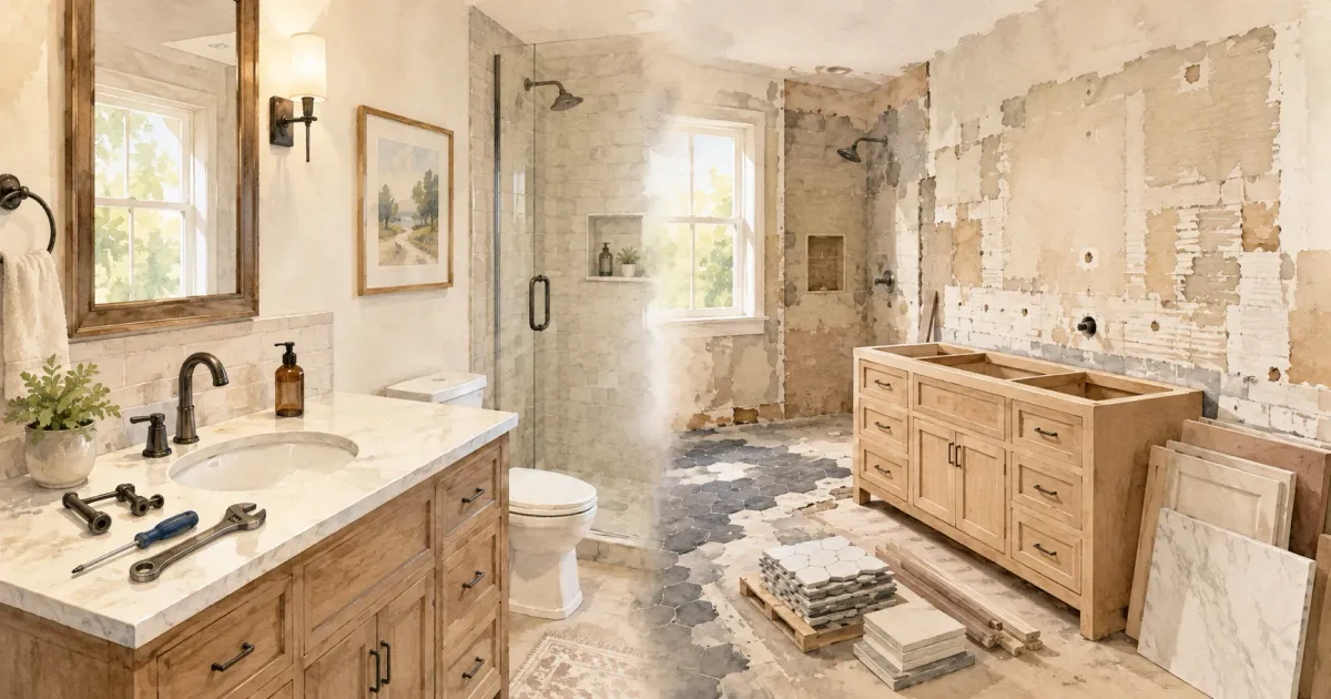 Soft watercolor illustration of a contractor and homeowner reviewing plans in a partially renovated kitchen