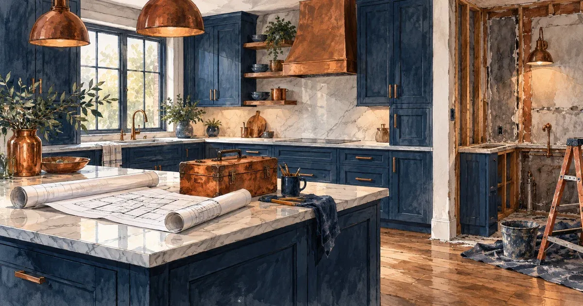 Soft watercolor illustration of a contractor and homeowner reviewing plans in a partially renovated kitchen