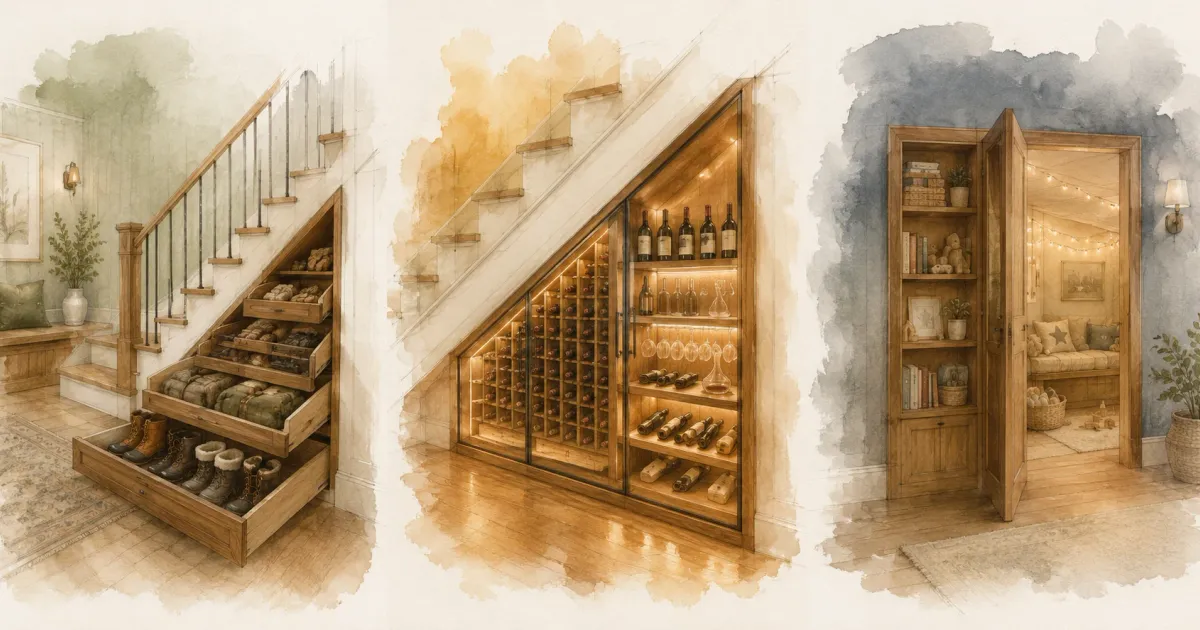 Watercolor illustration of three under-stair storage ideas — graduated boot drawers, illuminated wine display, and a secret play nook behind a bookshelf door