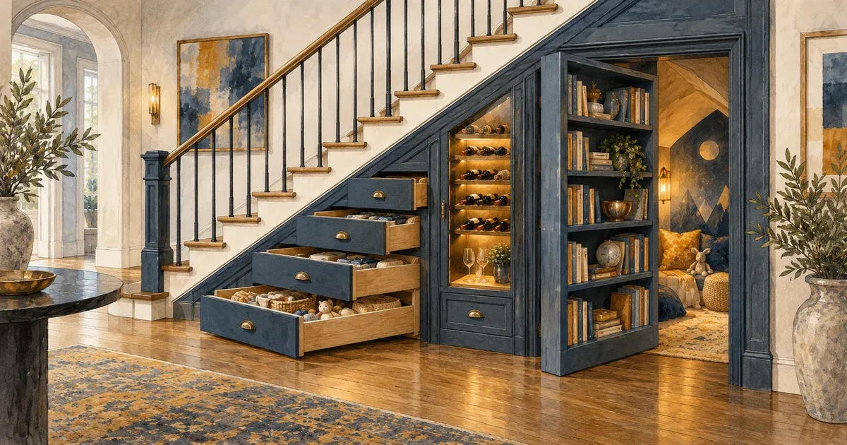 Watercolor illustration of three under-stair storage ideas — graduated boot drawers, illuminated wine display, and a secret play nook behind a bookshelf door