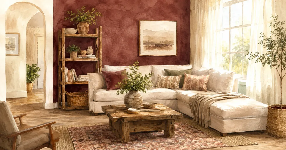 Soft watercolor illustration of a bright living room with a freshly painted sage accent wall, reclaimed wood shelving, and layered area rugs