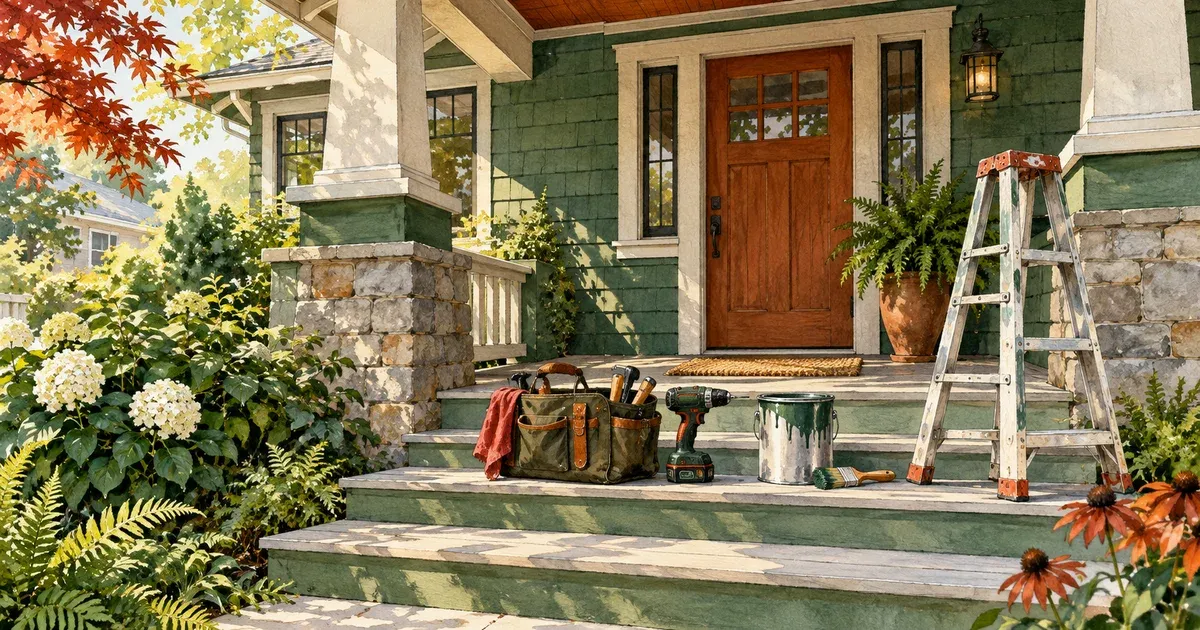Watercolor illustration of a craftsman home exterior with a tool bag, cordless drill, paint bucket, and ladder arranged on the front porch steps