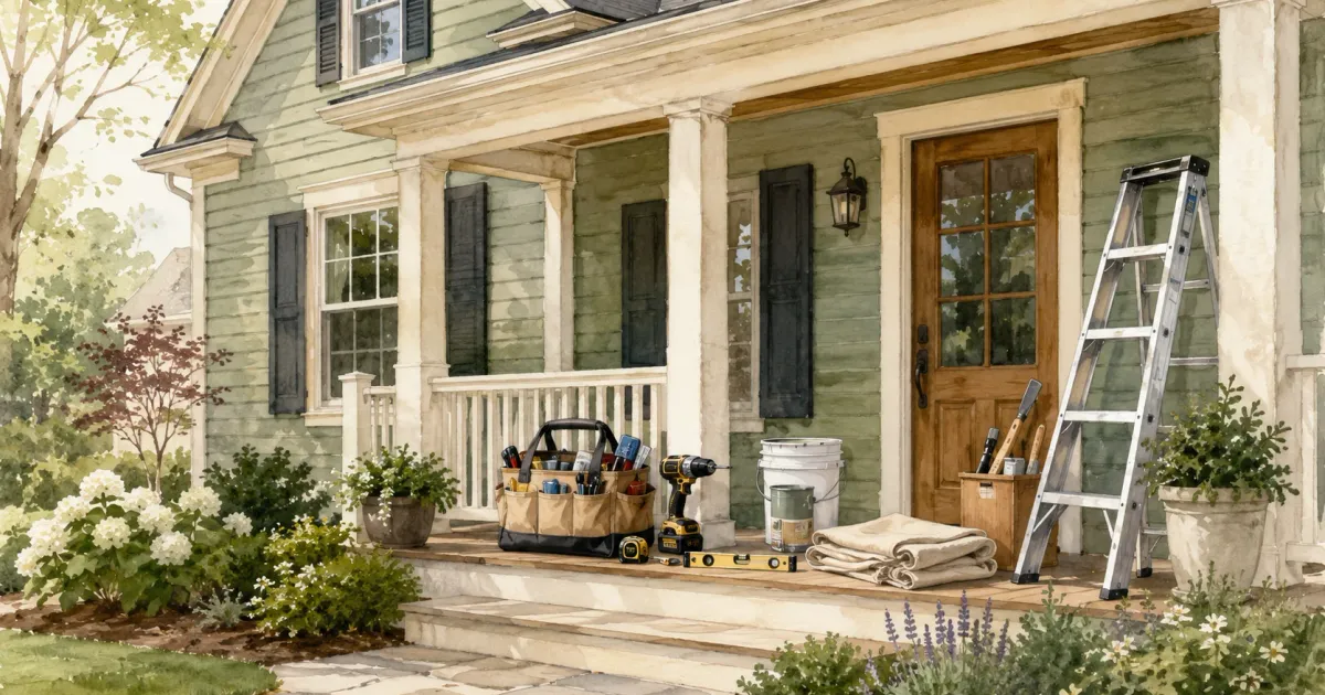 Watercolor illustration of a craftsman home exterior with a tool bag, cordless drill, paint bucket, and ladder arranged on the front porch steps