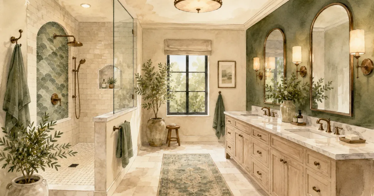Elegant primary bathroom with custom tile shower, double vanity, arched mirrors, and brass fixtures in a soft watercolor illustration