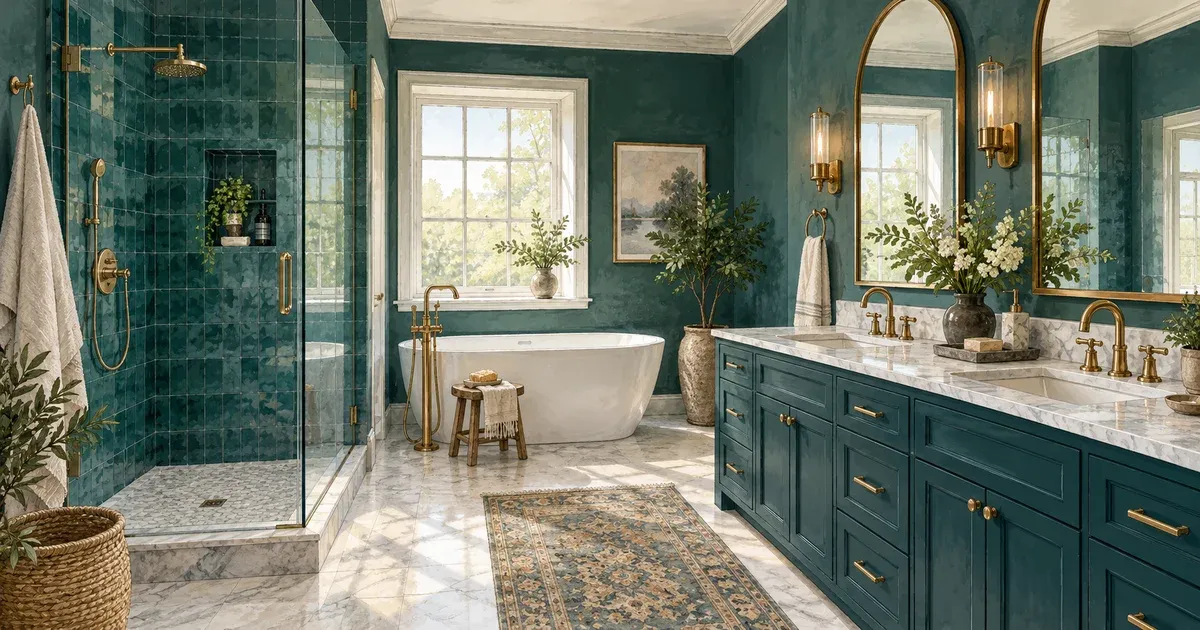 Elegant primary bathroom with custom tile shower, double vanity, arched mirrors, and brass fixtures in a soft watercolor illustration