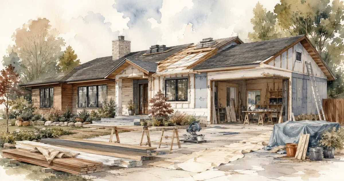 Watercolor illustration of a Minnesota home mid-renovation with framing, roofing materials, and tools staged in the yard