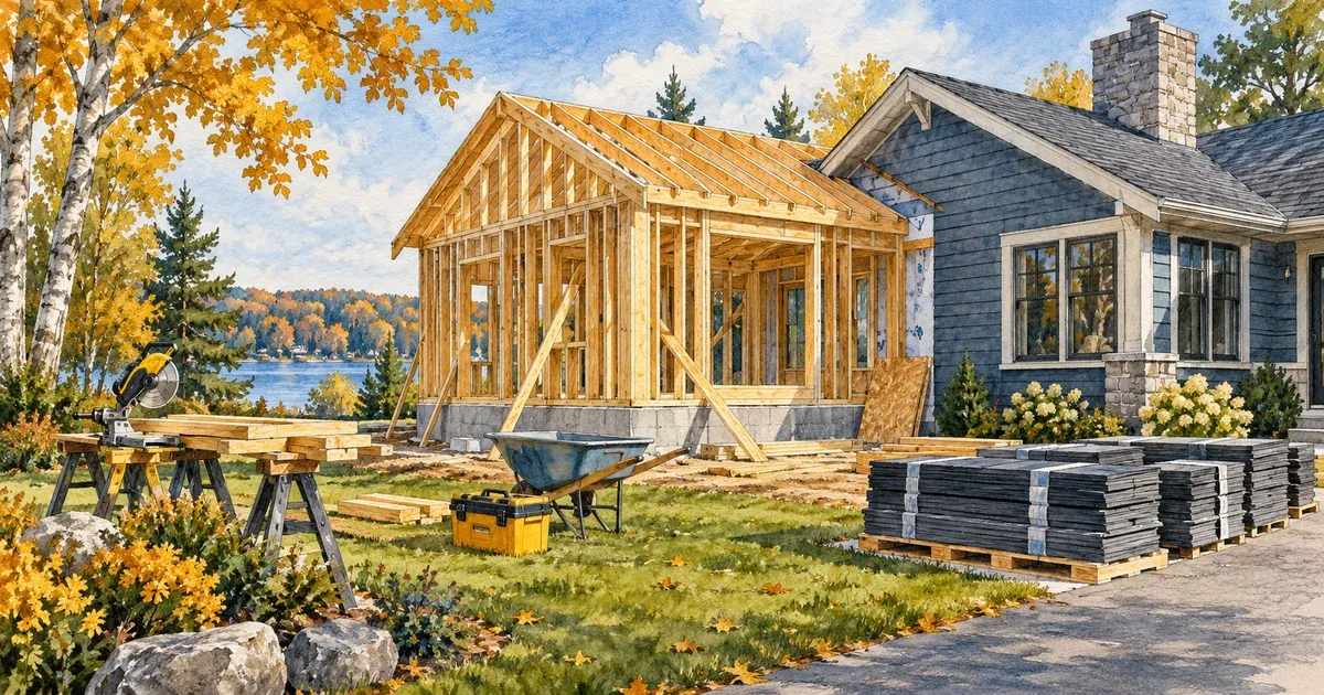 Watercolor illustration of a Minnesota home mid-renovation with framing, roofing materials, and tools staged in the yard