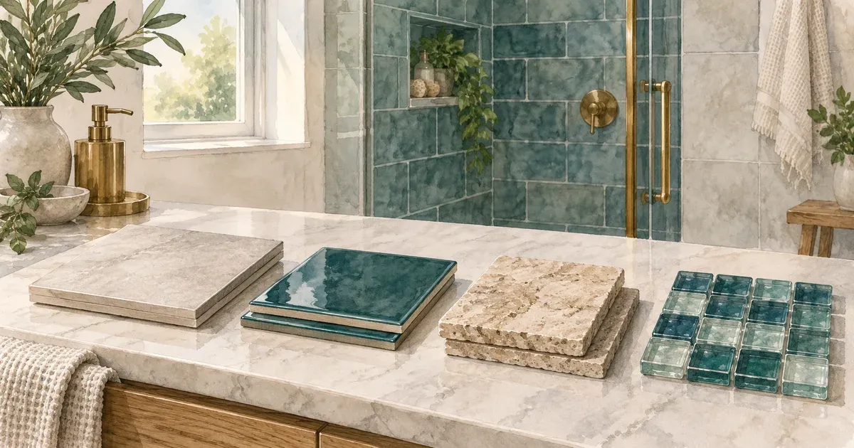 Watercolor illustration of bathroom tile samples in porcelain, ceramic, natural stone, and glass laid out side by side