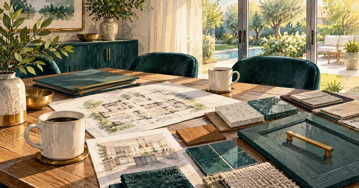 A homeowner and a Honey-Doers contractor reviewing floor plans and material samples together at a table