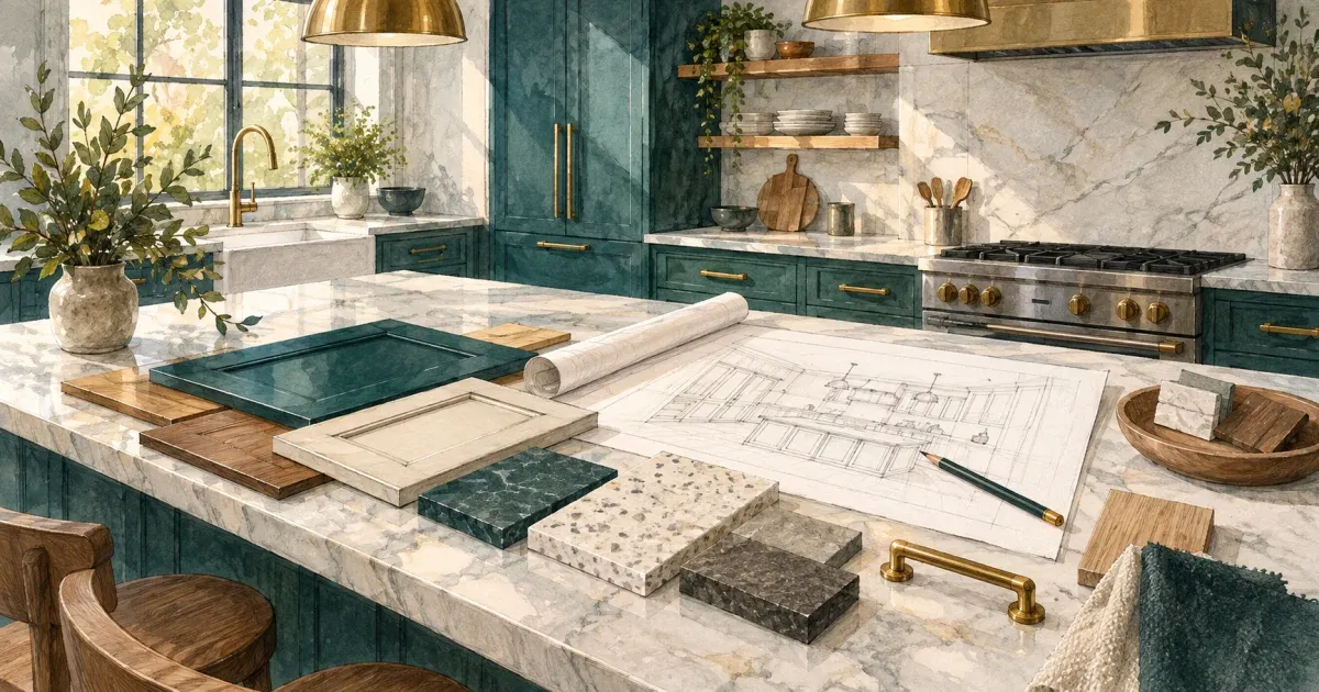 Bright modern kitchen mid-design with cabinetry samples, countertop swatches, and a layout sketch spread across an island