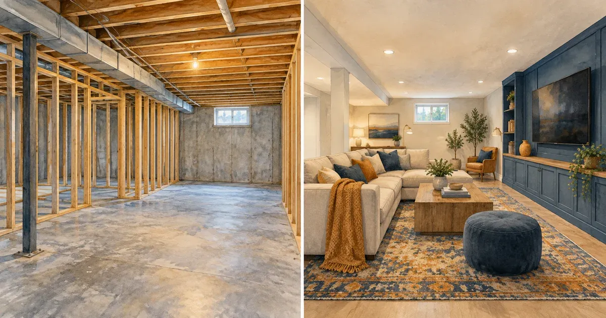 Before-and-after illustration of an unfinished basement framed with lumber transformed into a finished family room with sofa and TV