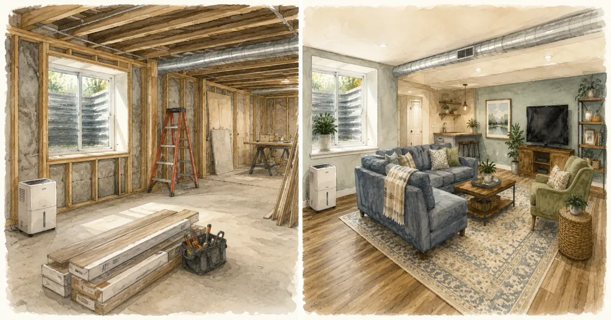 Before-and-after illustration of an unfinished basement framed with lumber transformed into a finished family room with sofa and TV