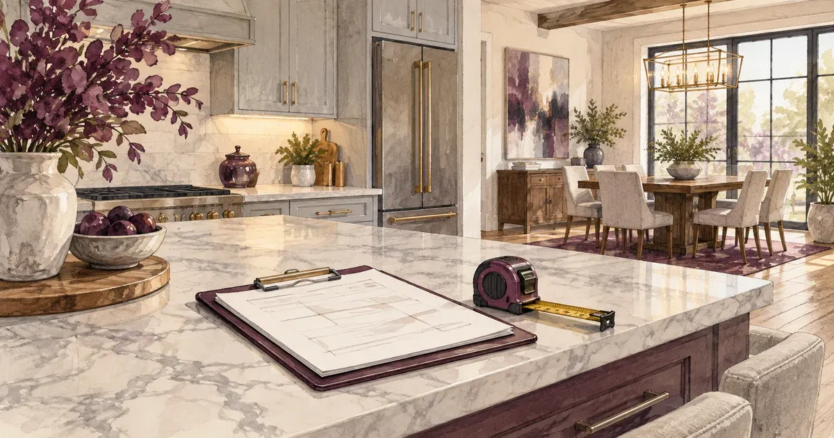 Watercolor illustration of an appraiser's clipboard and tape measure beside a warmly lit remodeled kitchen, dusty blue wash