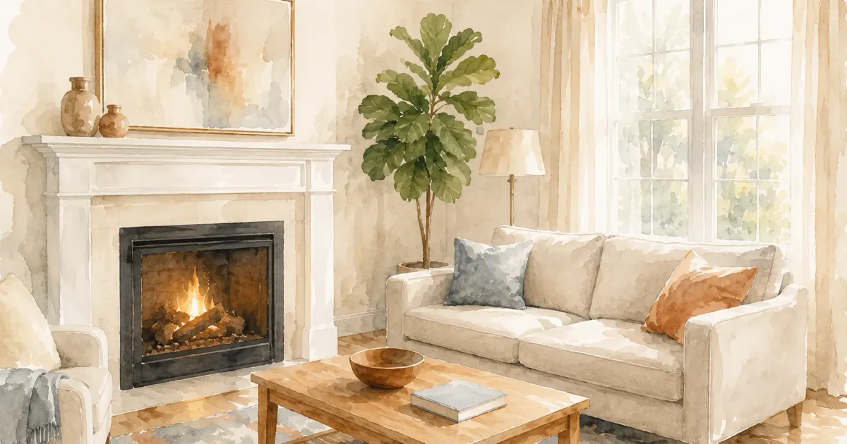 Cozy living room anchored by a stone fireplace serving as the room's focal point
