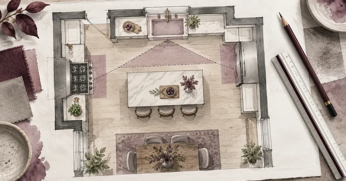 Overhead illustration of a kitchen floor plan with work zones marked around the sink, range, and refrigerator