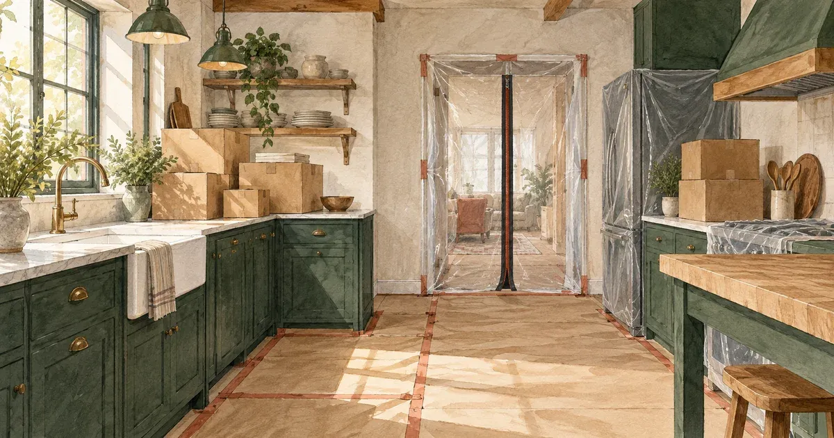 Watercolor illustration of a homeowner packing kitchen items into labeled boxes beside a room draped in protective plastic sheeting, warm natural light