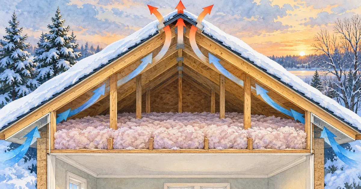 Watercolor illustration cutaway of a residential attic showing ridge vent and soffit vent airflow beneath a snowy roof