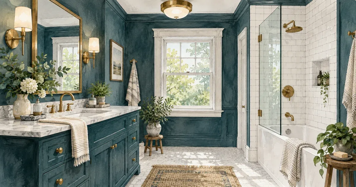 Watercolor illustration of a refreshed bathroom with a new vanity, layered lighting, and simple tile in a warm neutral palette