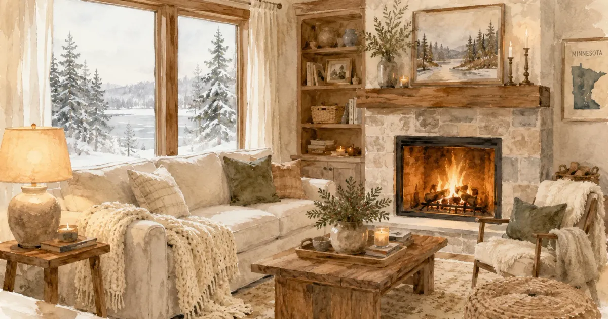 Watercolor illustration of a cozy Minnesota living room in winter with warm lamplight, wool throw, fireplace, and snowy pine trees outside