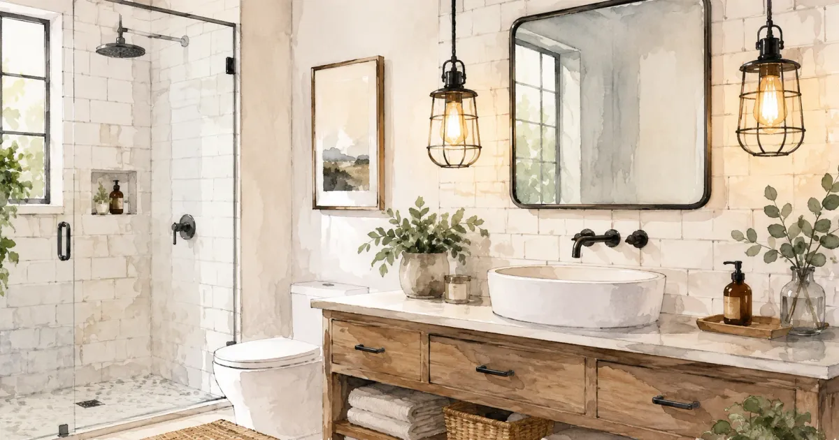 Watercolor illustration of a bathroom with industrial pendant lights, exposed Edison bulbs, and dark metal fixtures over a white vanity