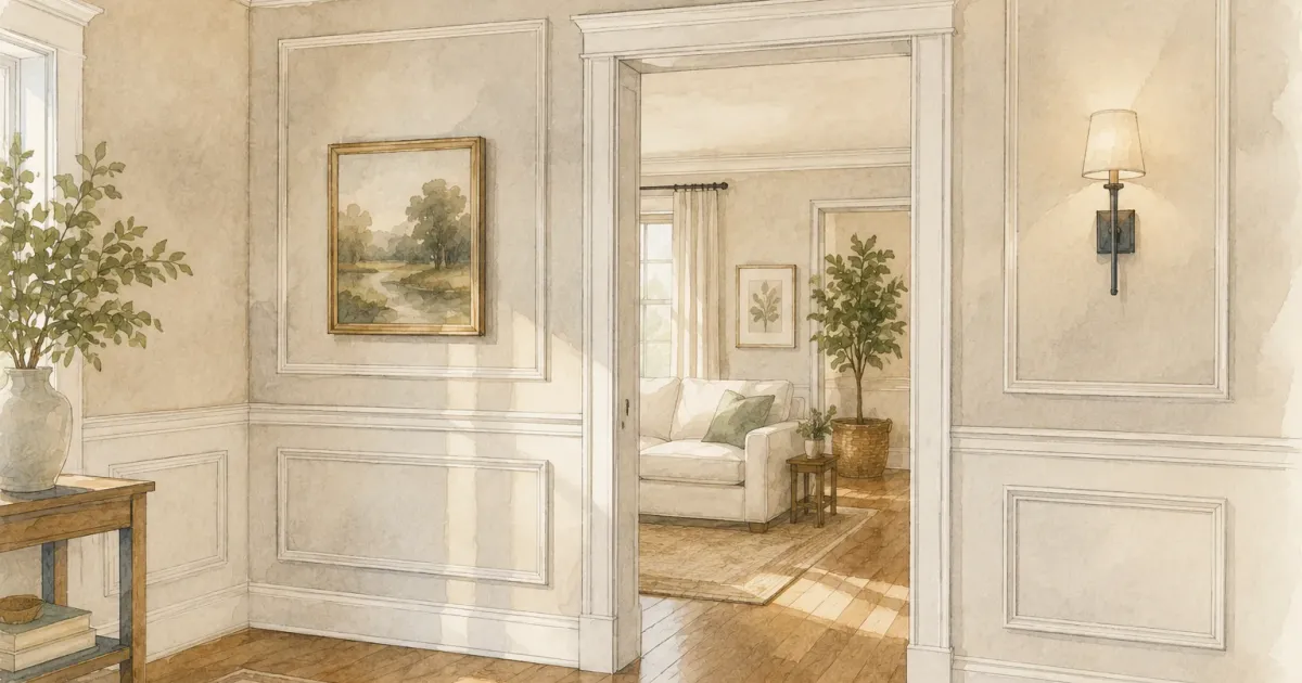 Watercolor illustration of a living room with elegant tall baseboard trim, picture frame wall molding, and a neutral modern palette