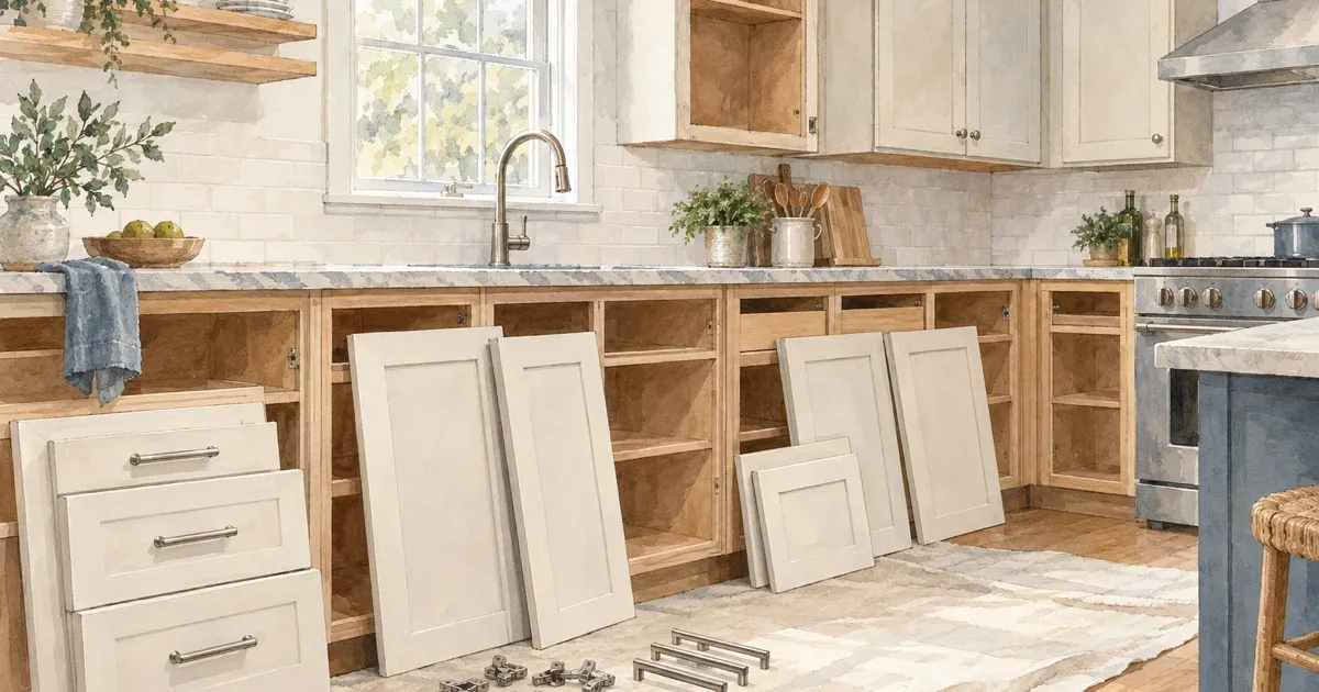 Watercolor illustration of a kitchen mid-refacing, with new cabinet door fronts leaning against a cabinet box and an open drawer showing new soft-close hardware