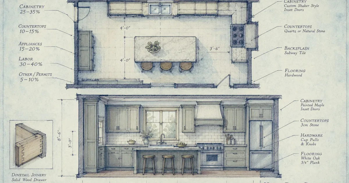 Vintage architectural illustration of a kitchen remodel floor plan and elevation