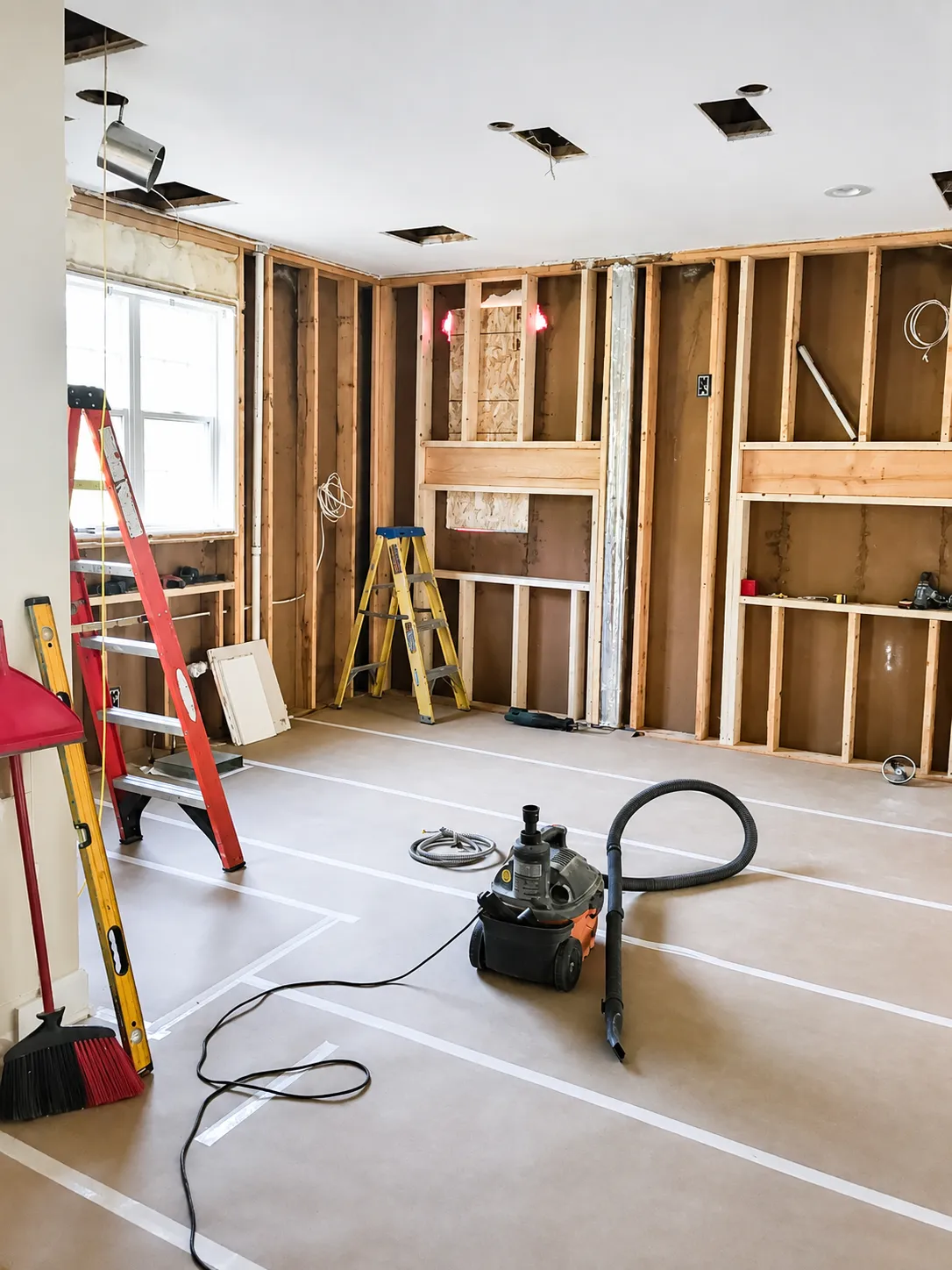 Wall opened to studs between the kitchen and former sunroom during the Lakeville main-level remodel