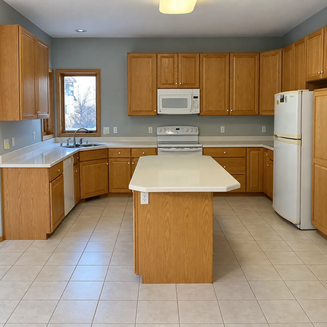 Original 1994 Lakeville kitchen before the remodel, with honey-oak cabinets, white appliances and beige ceramic tile flooring