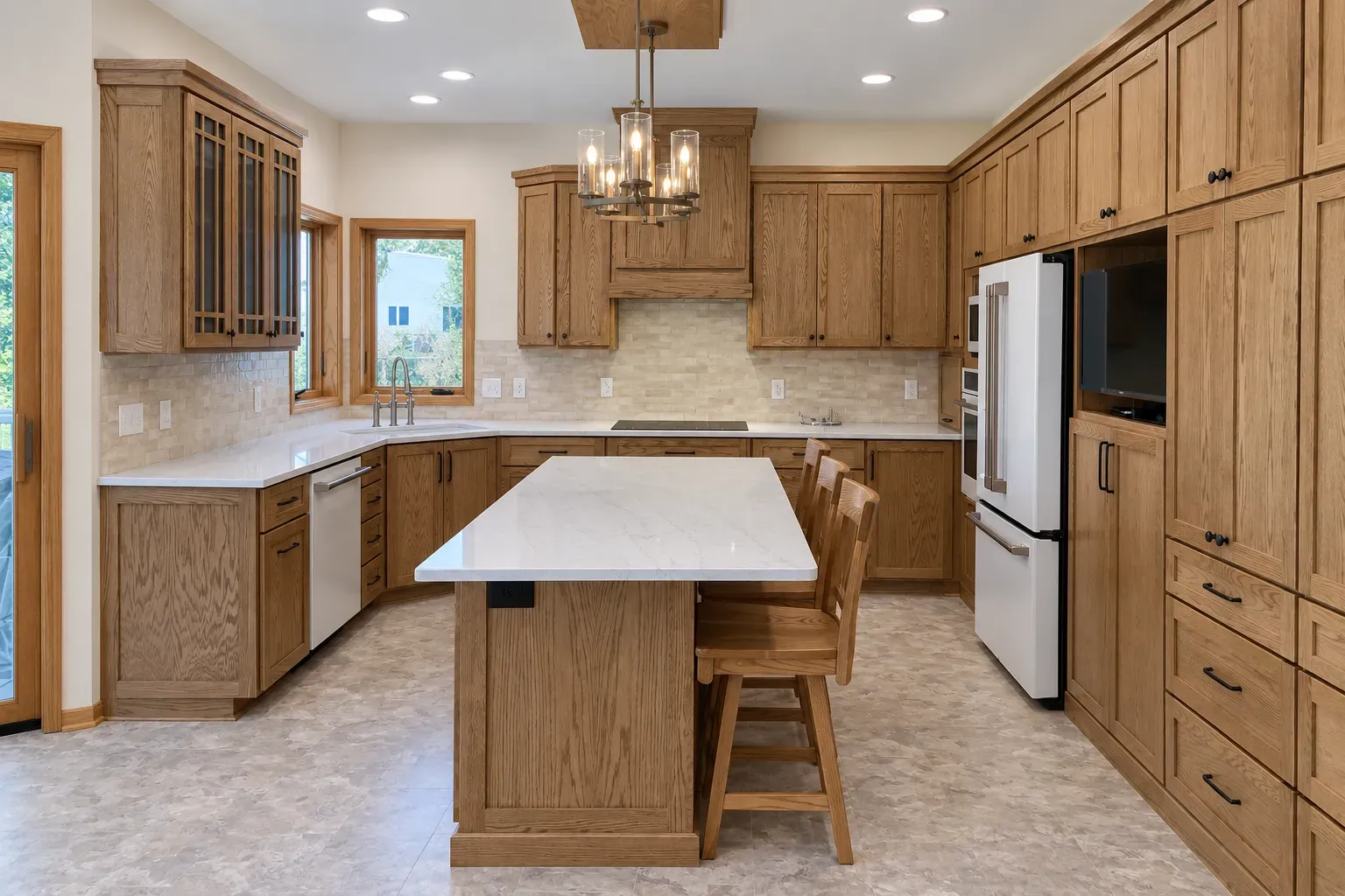 Finished grouted Alterna Mesa Stone LVT flooring under a quartz-topped island and red-oak cabinetry in a Lakeville kitchen