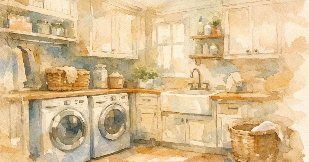 Watercolor illustration of a well-organized laundry room with front-load washers, upper cabinets, open shelving, and a farmhouse utility sink