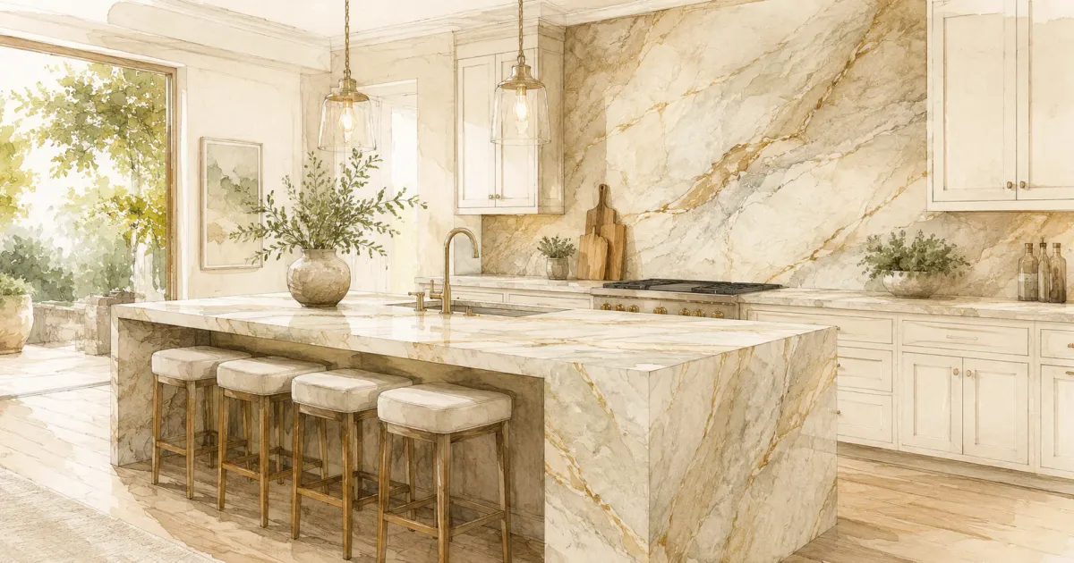 Watercolor illustration of a luxury kitchen with quartzite island and full-height stone backsplash