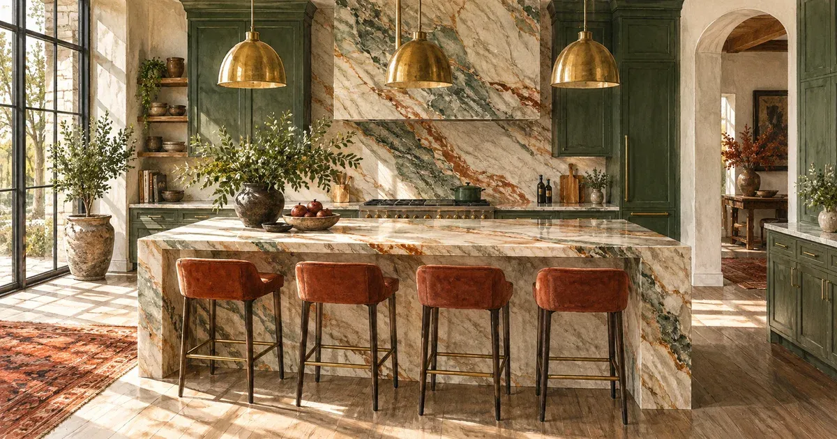 Watercolor illustration of a luxury kitchen with quartzite island and full-height stone backsplash