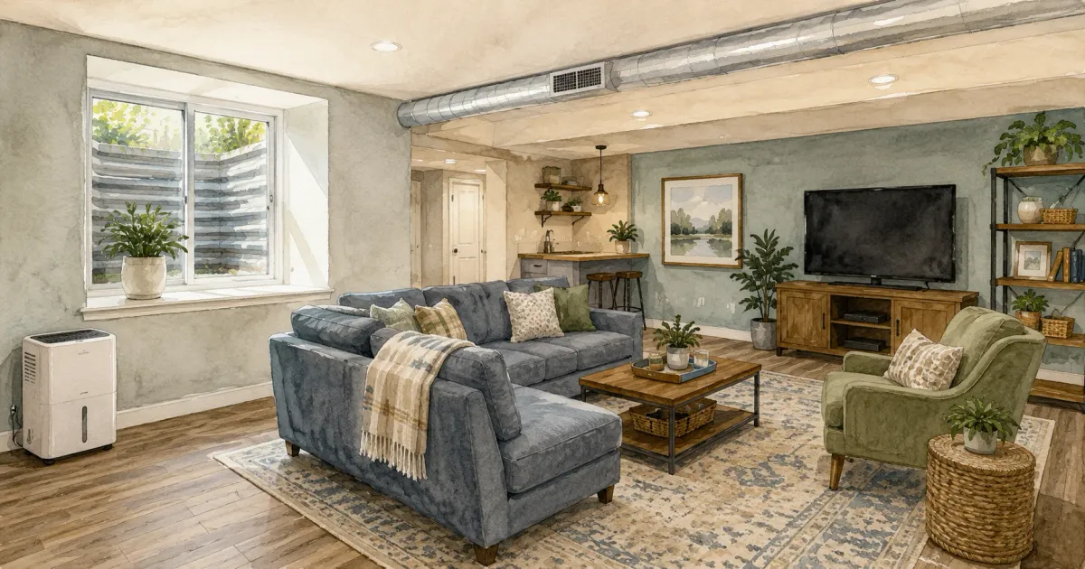 Watercolor illustration of a cozy finished basement family room with a dehumidifier, area rug, and egress window