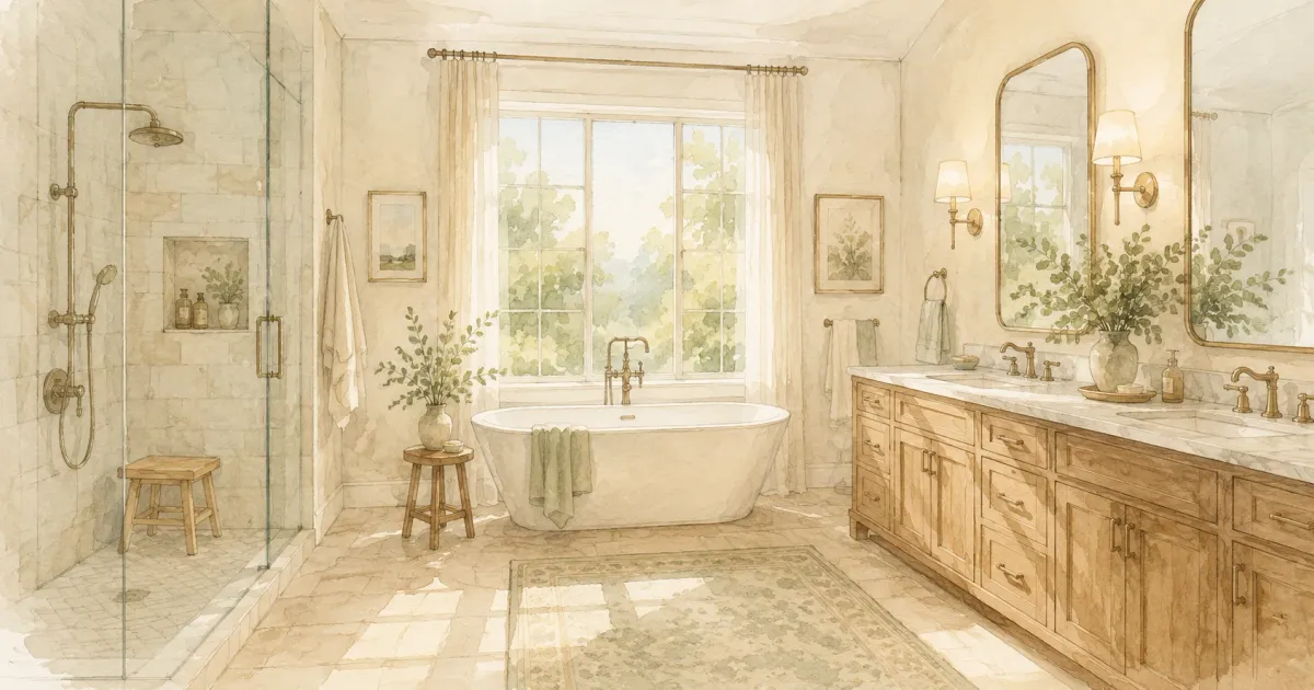 Watercolor illustration of a spacious primary bathroom with freestanding tub, walk-in shower, and dual vanity