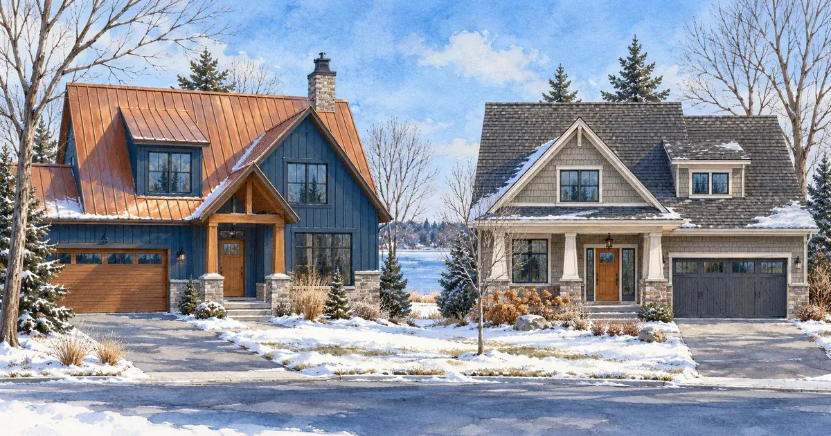 Soft watercolor illustration comparing a standing-seam metal roof and an asphalt shingle roof on neighboring Minnesota homes