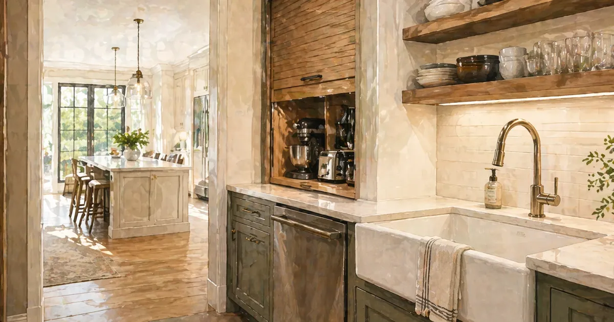 Modern scullery kitchen with stainless steel counters, deep utility sink, and open shelving for bulk storage