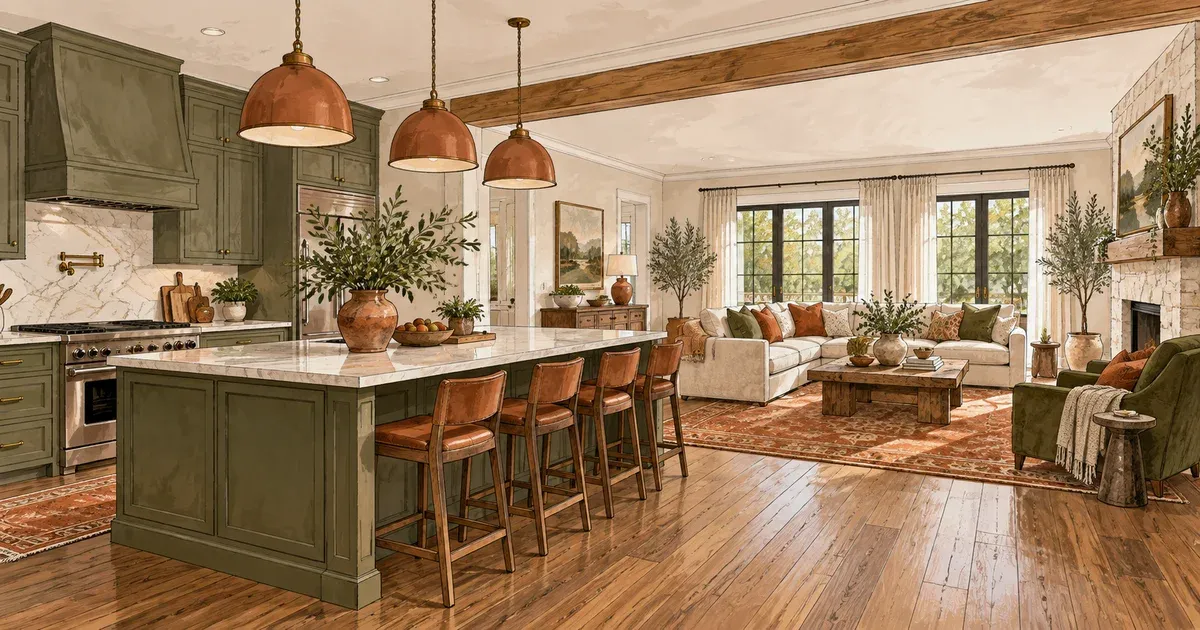 Three watercolor illustrations comparing open concept kitchen island color options with pendant lighting and hardwood floors