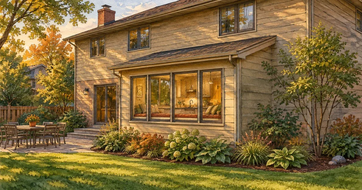Watercolor illustration of a two-story home with a kitchen bump-out under a shed roof, its wide windows showing a cushioned window seat and the kitchen beyond