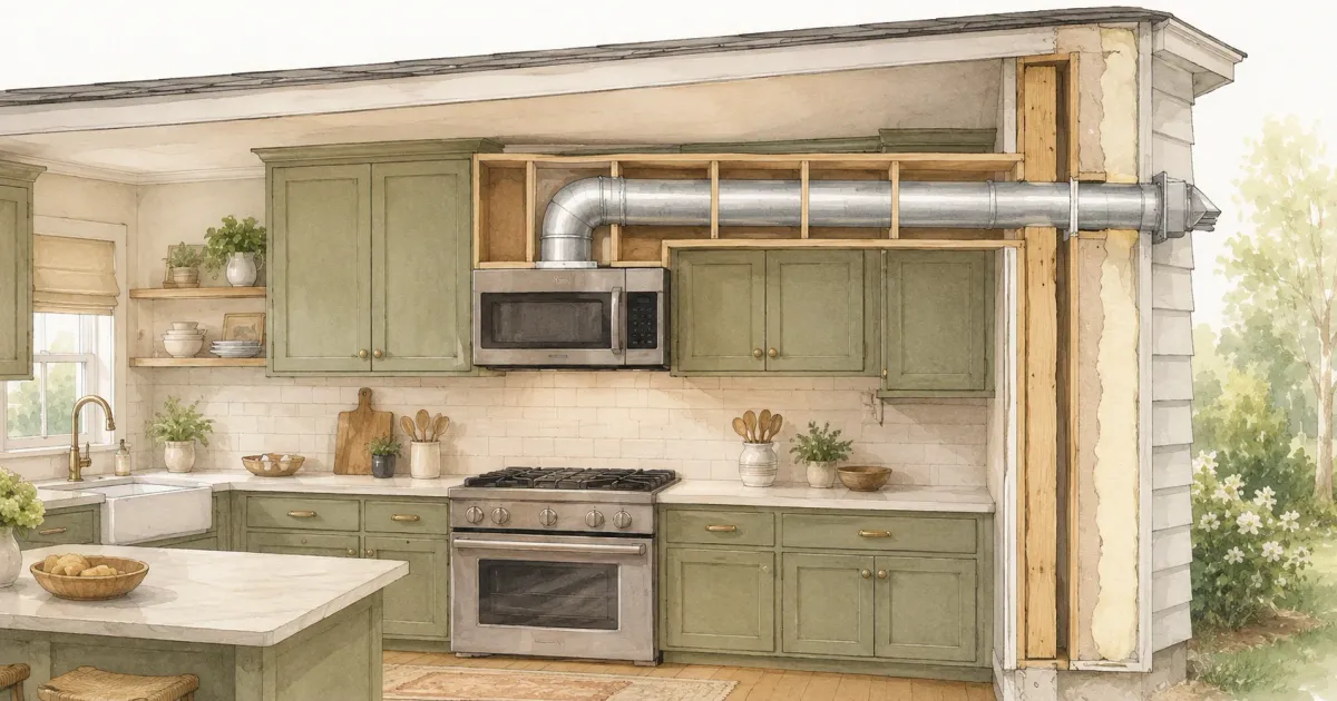 Watercolor illustration of a kitchen cross-section showing an over-the-range microwave with ductwork running through cabinetry to an exterior wall cap