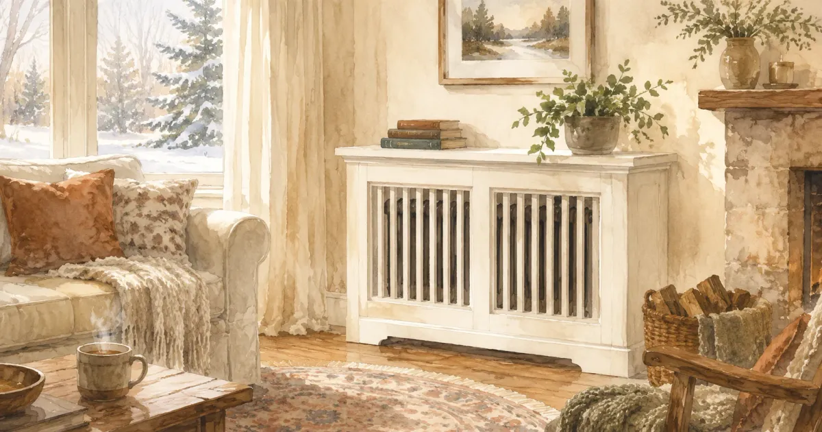 Watercolor illustration of a living room with a decorative radiator cover doubling as a shelf, warm Minnesota winter interior
