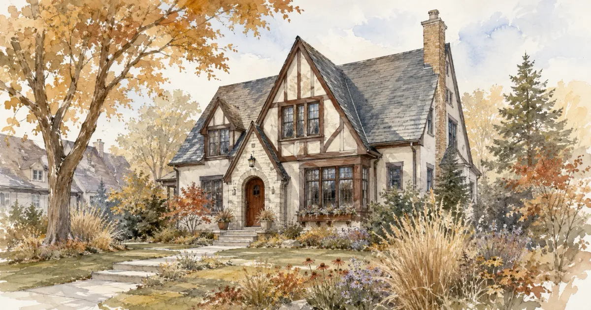 Watercolor illustration of a Tudor Revival home with half-timbered gables and diamond-pane windows in a Minneapolis neighborhood in autumn