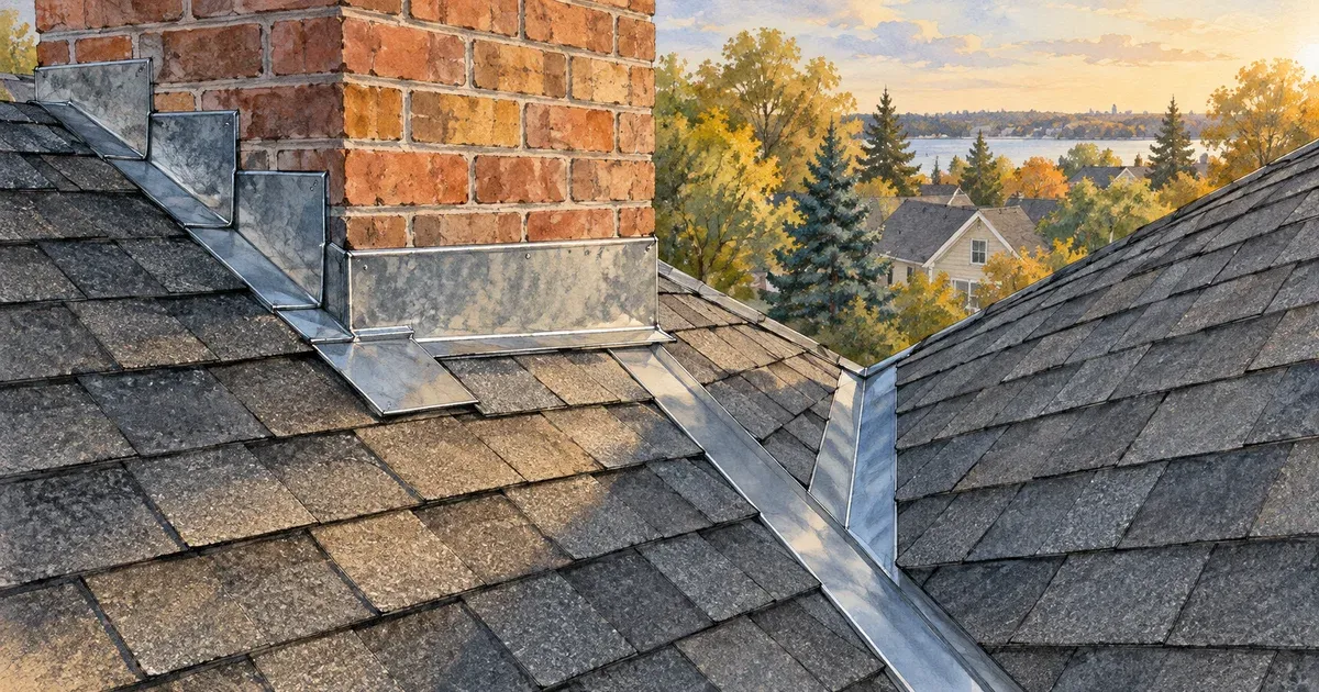 Close-up watercolor illustration of metal roof flashing around a chimney and roof valley on a residential home