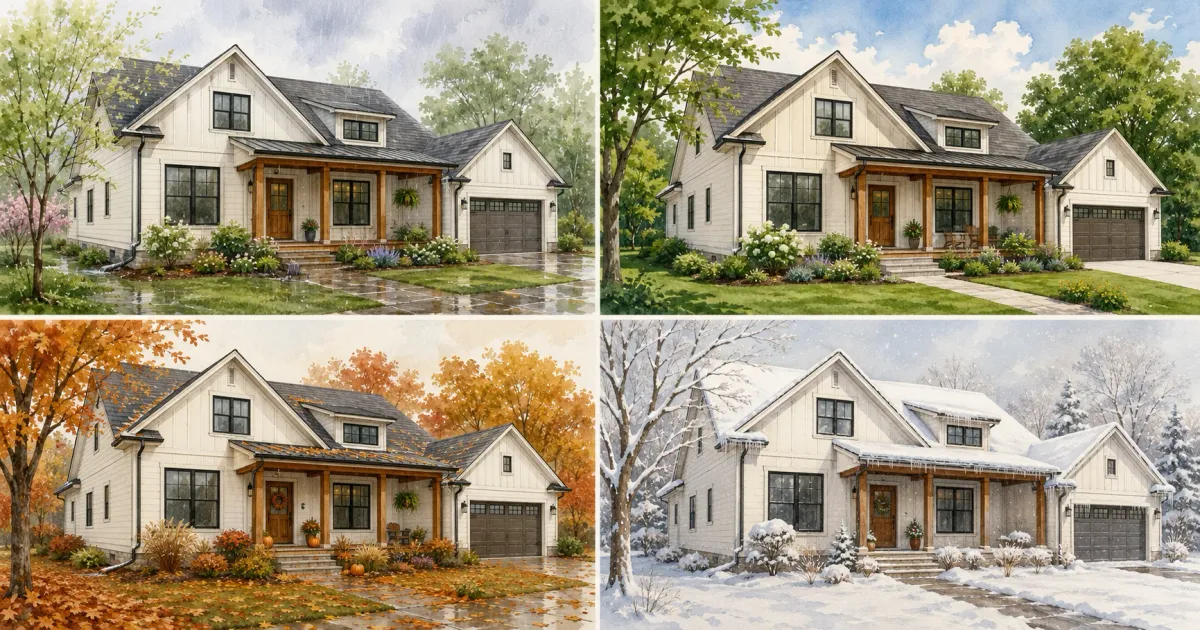 Watercolor illustration of the same farmhouse-style home shown across spring, summer, fall, and winter in Minnesota