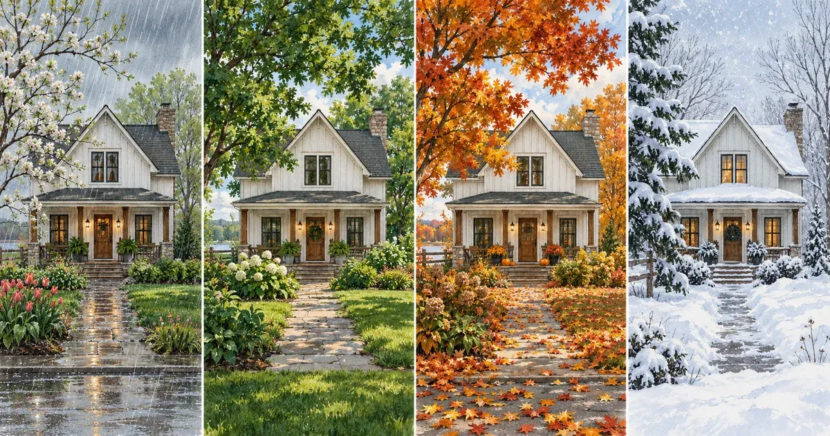 Watercolor illustration of the same farmhouse-style home shown across spring, summer, fall, and winter in Minnesota